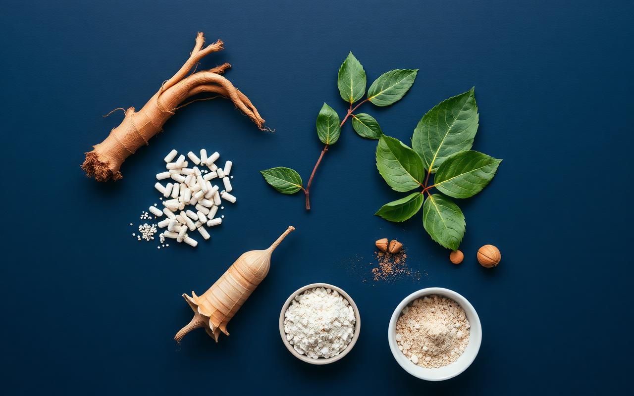 Herbal ingredients used in V-Rex Male Enhancement: ginseng root, maca, horny goat weed and amino acid powders on a navy surface