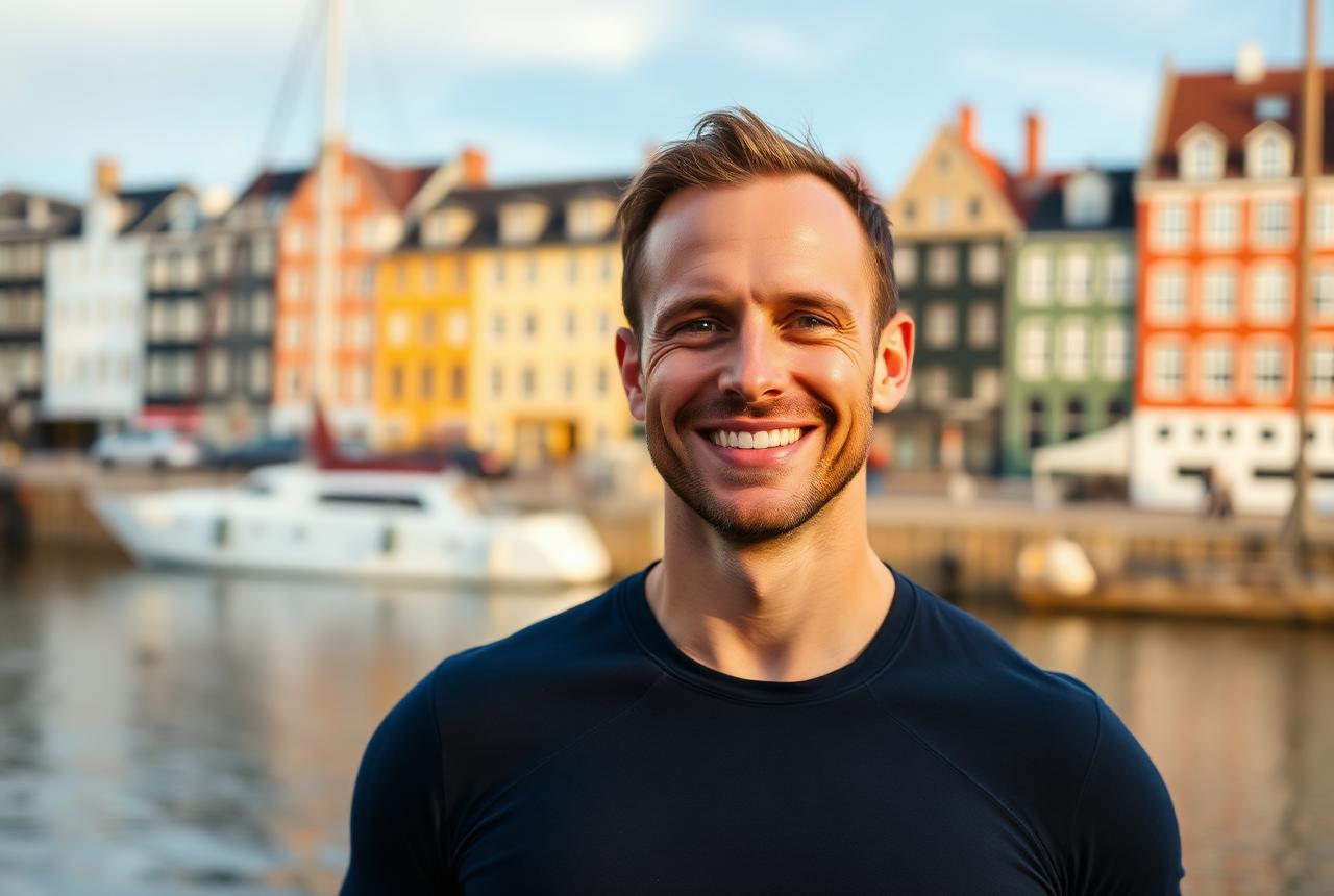An active Danish man in his forties by the Copenhagen harbour, representing typical V-Rex Male Enhancement users in Denmark